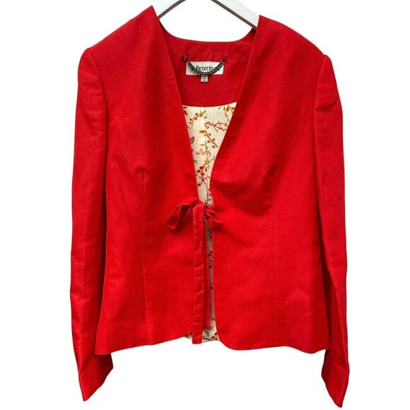 J. Peterman Red Blazer Size 4 Silk Linen Blend Tie Front Womens Preppy Jacket - Picture 1 of 9